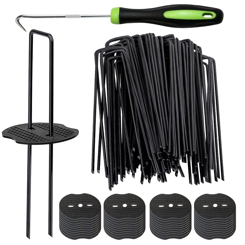 Bakulyor 50 Black Weed Control Membrane Pegs + 50 Buffer Washer, 6"/150mm Garden Pegs, Metal Ground Landscape Staples Artificial Grass Pins Ground Cover Matting Fabric Artificial Barrier Stakes