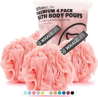 WhaleLife Bath Loofah Sponge Shower Pouf Mesh Puff Shower Ball for Men and Women (Pink 4Pack 60g/Pcs), Body Scrubber, Big Full Lather Cleanse, Exfoliate with Beauty Bathing Accessories