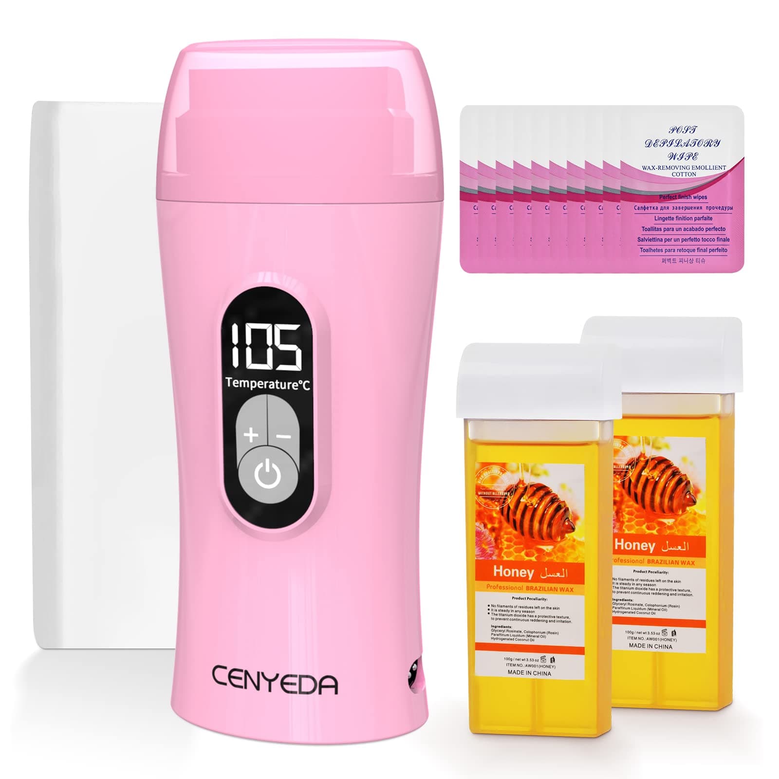 Digital Roll On Wax Kit,Honey Thermostatic Roller Waxing Kit for Sensitive Skin, Depilatory Soft Wax Warmer with 2 Cartridge Refill 10 Wax-removing wipes and 100pcs Wax Strips