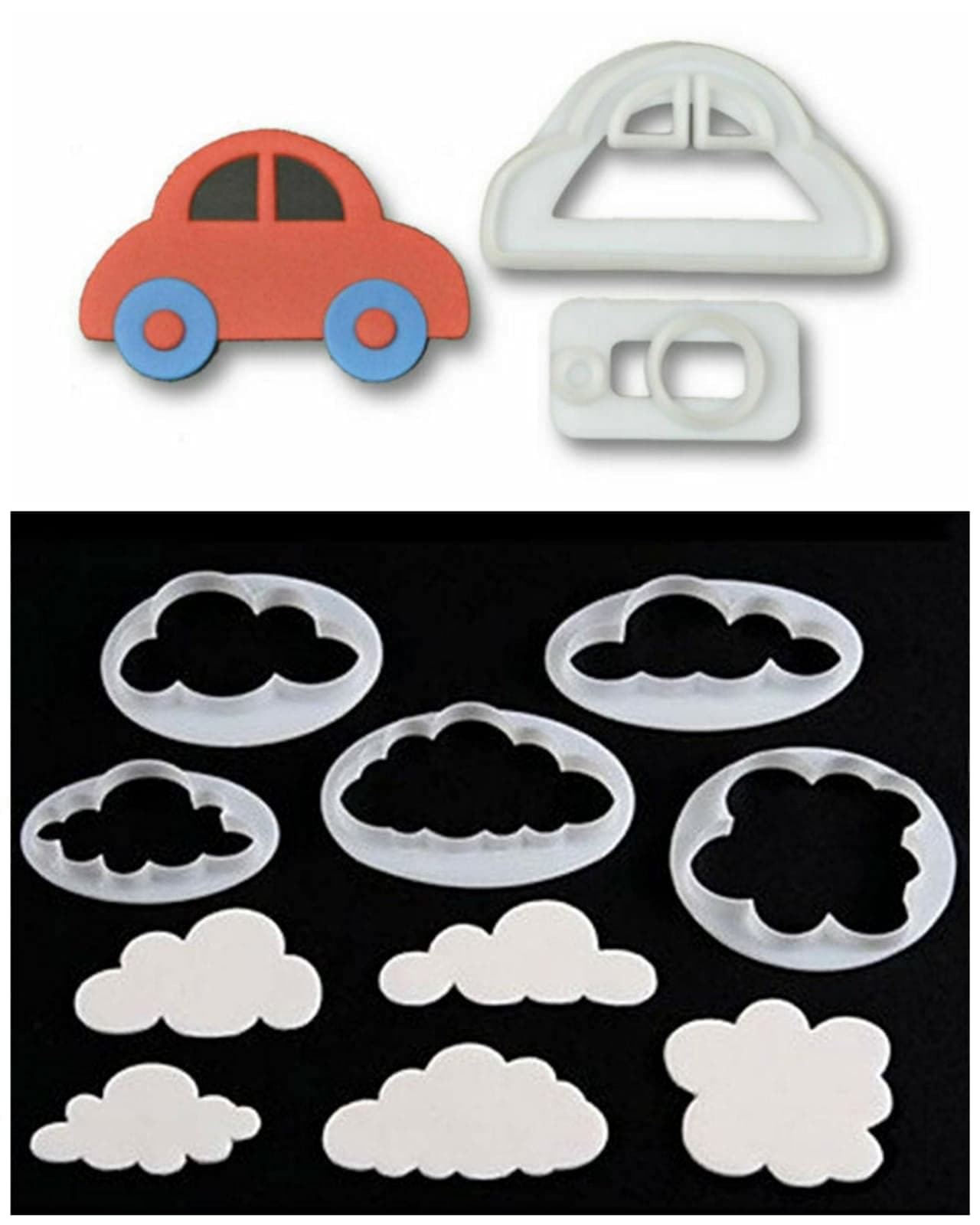 HomeBakers Mart Combo Pack of 2 Piece Set Car Shape Fondant Cutter and 5 Piece Cloud Cutter for Cake