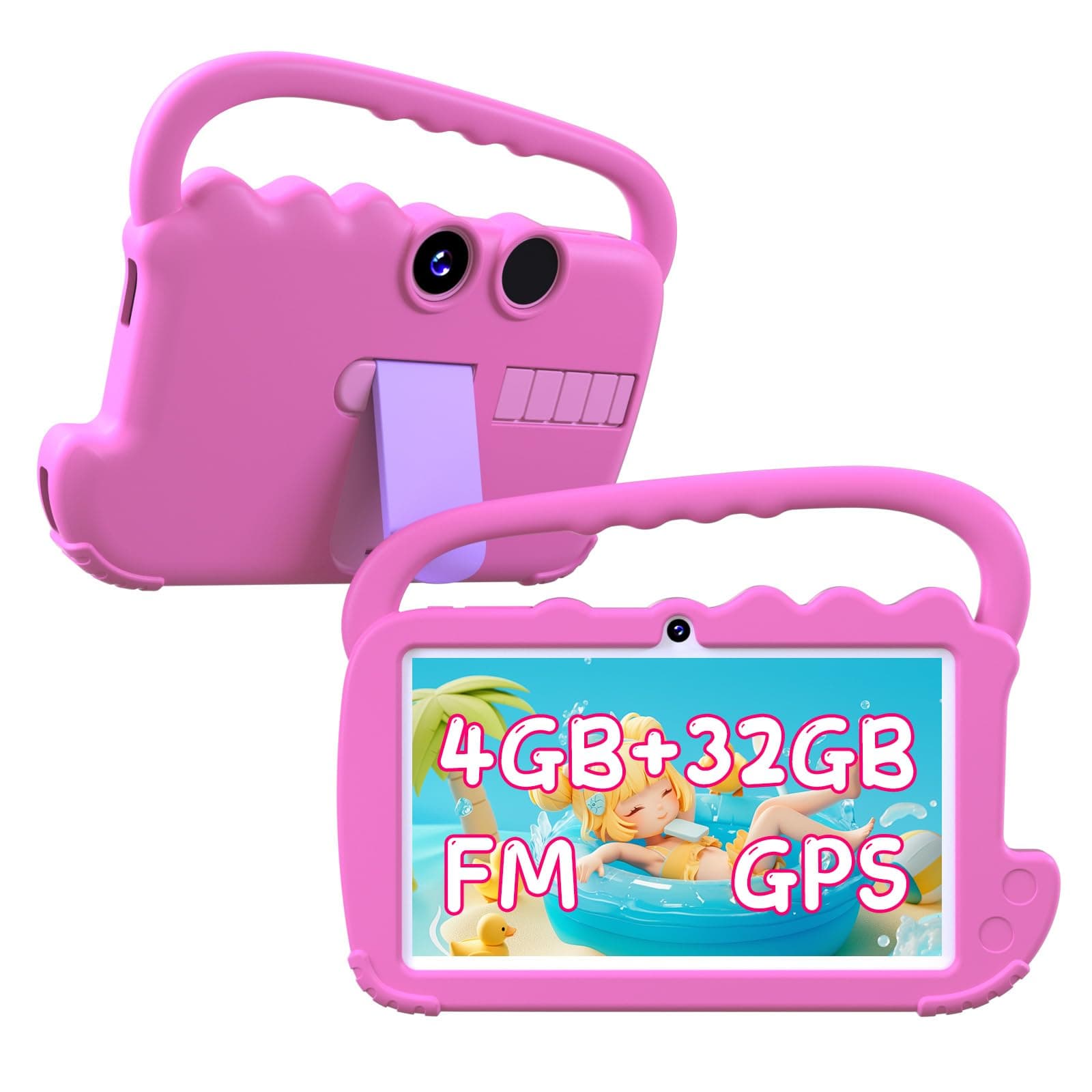 YQSAVIOR Kids Tablet, 7inch 4 GB RAM | Android 12 | 32GB ROM | Bluetooth, IPS Screen, Parental Control, Dual Camera, Shockproof Case | Educational, Games, Pink Case