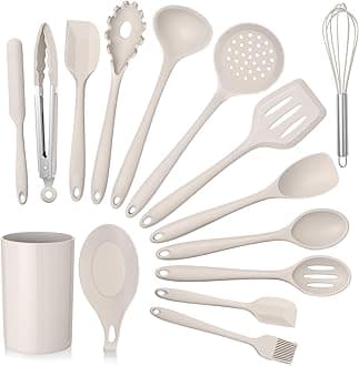 Kitchen Utensils Set, 15-Piece Silicone Cooking Utensils with Holder, Non-stick Cookware Friendly & Heat Resistant, Includes Ladle Spatula Spoon Slotted Turner for Cooking & Baking (Khaki)
