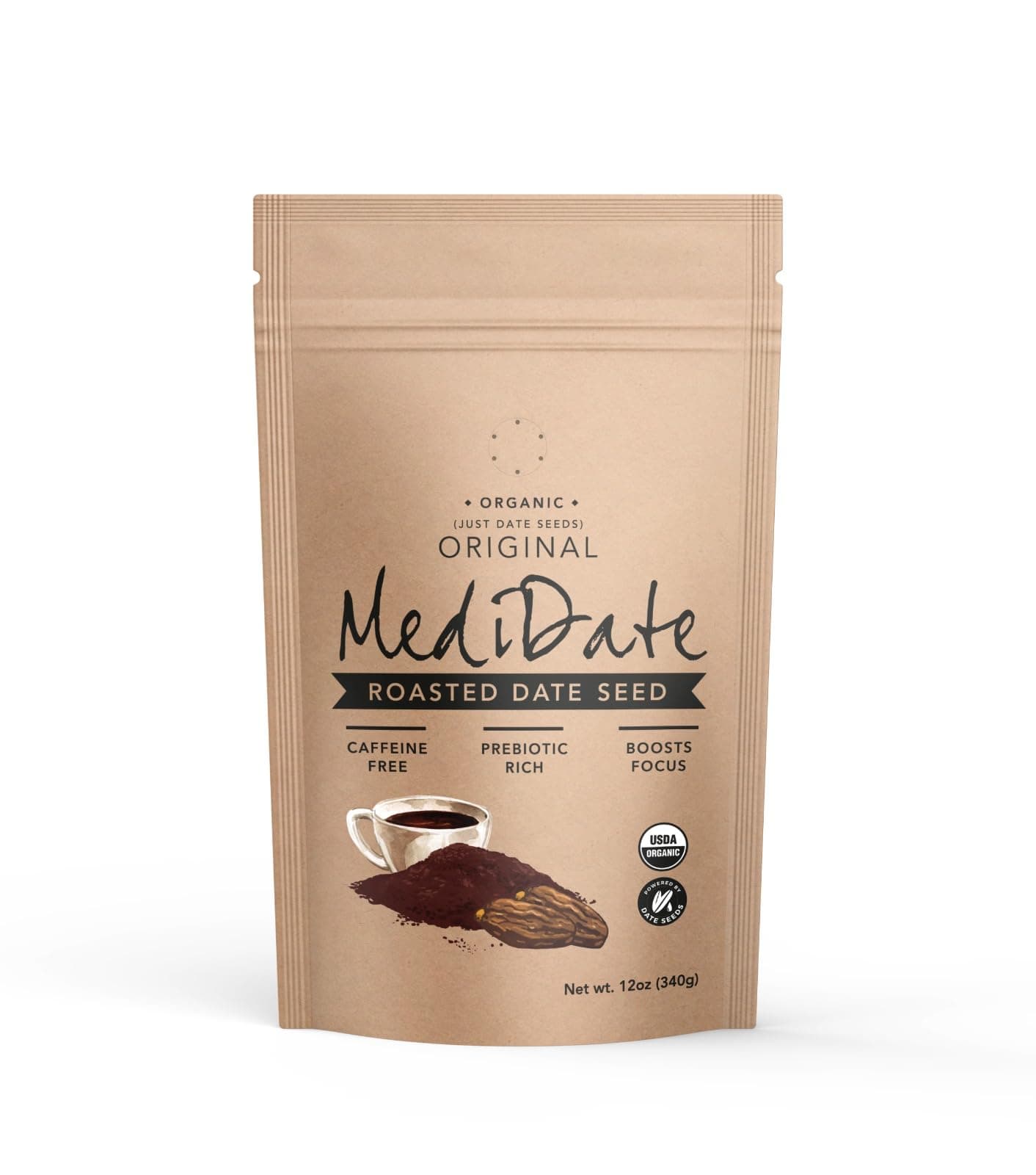 MEDIDATE Coffee Alternative - Roasted Date Seeds - Naturally Occurring Prebiotics | Polyphenols | Caffeine & Acid Free (12 oz. / 25 Servings)