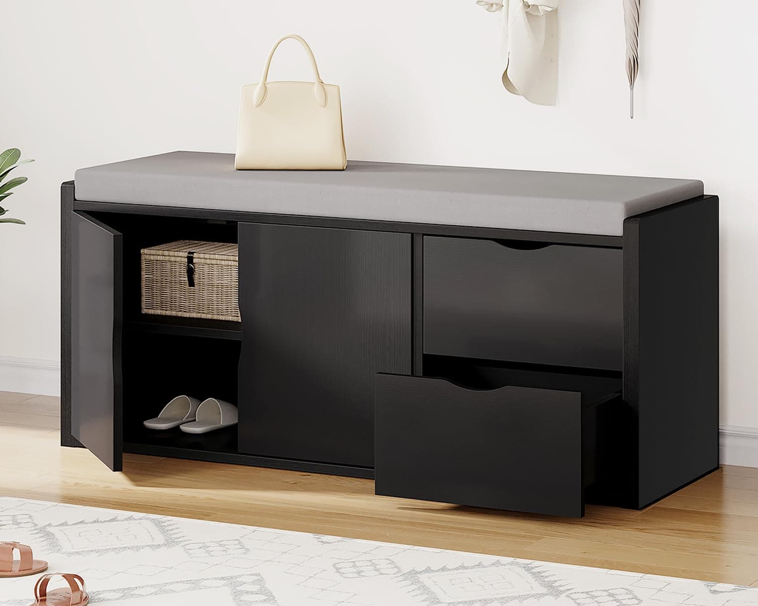 LVB 2-Tier Storage Bench with Padded Seat Cushion, Entryway Bench with 2 Drawers, Removable Barn Doors & Adjustable Shelf, Industrial Shoe Bench for Hallway, Bedroom, Living Room,Black Oak, 40 Inch