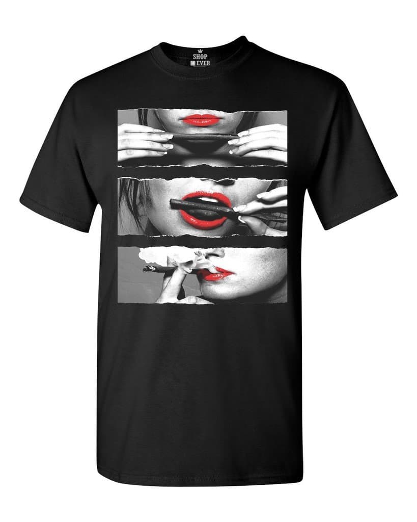 shop4ever Red Lips Smoking Blunt T-Shirt Medium Black