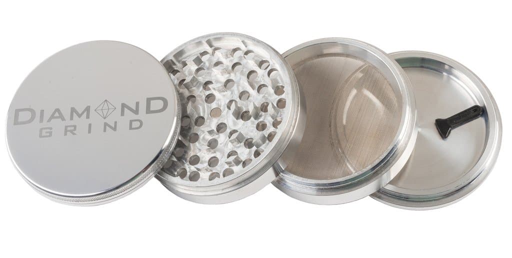 Diamond Grind 4 Piece Aluminum Herb Grinder with screen 90mm (3.50") SILVER
