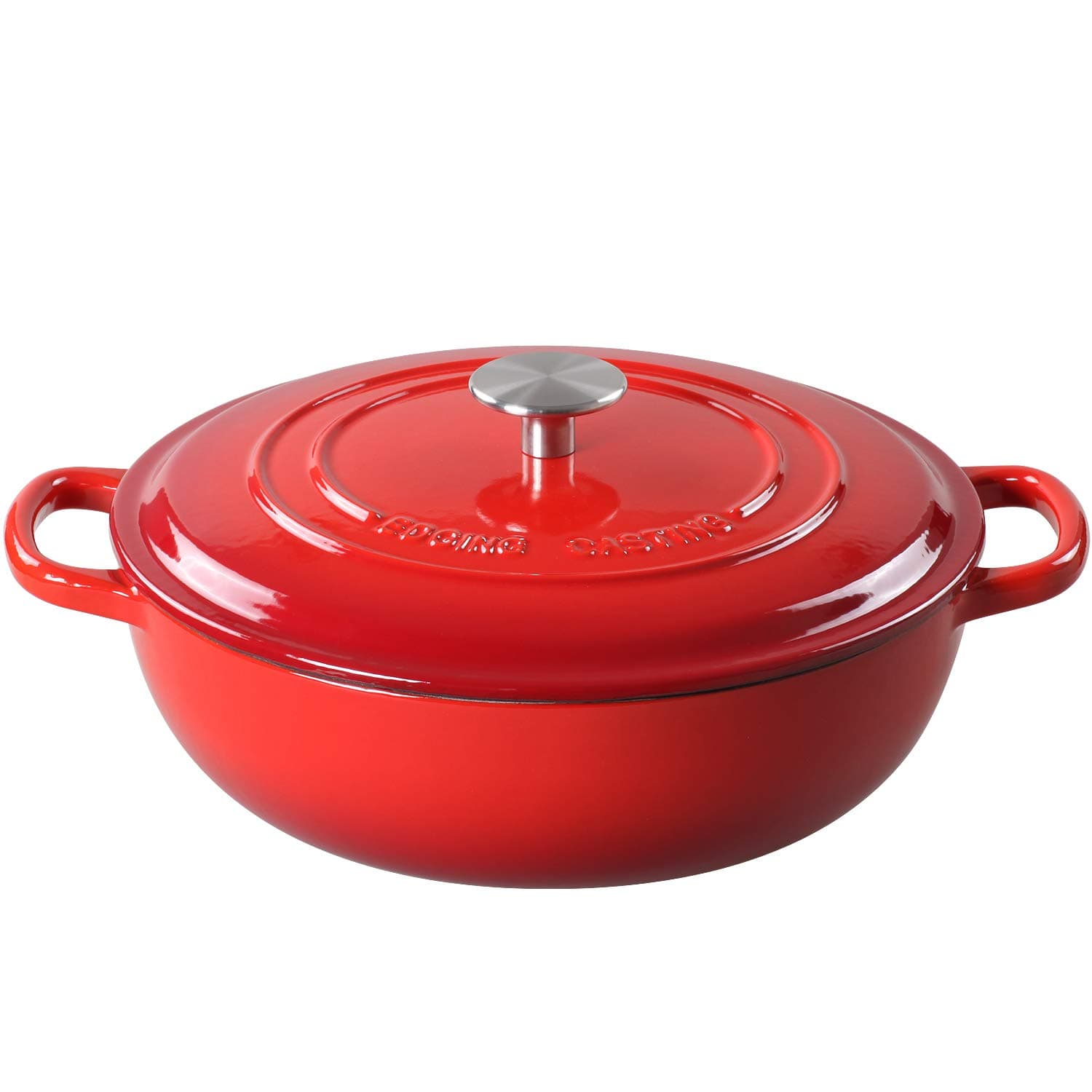 Enameled Cast Iron Dutch Oven Shallow Casserole Braiser with Dual Handle, 3.8 QT, Red