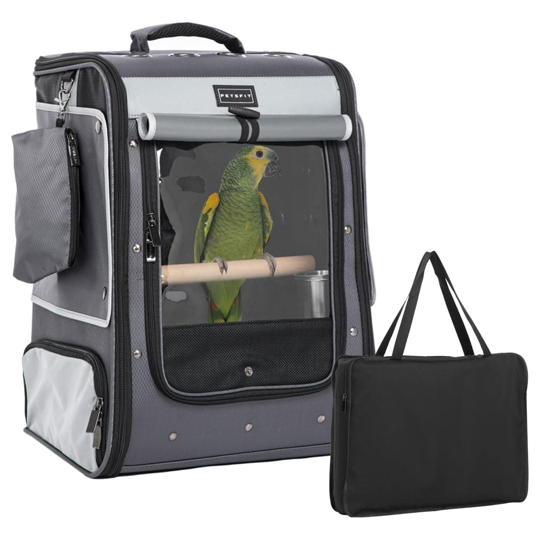 Petsfit Bird Carrier with Shade Cover,Adjustable Height Standing Perch and Great Ventilation, Fit for Medium/Large Sized Birds(Large, Grey1)