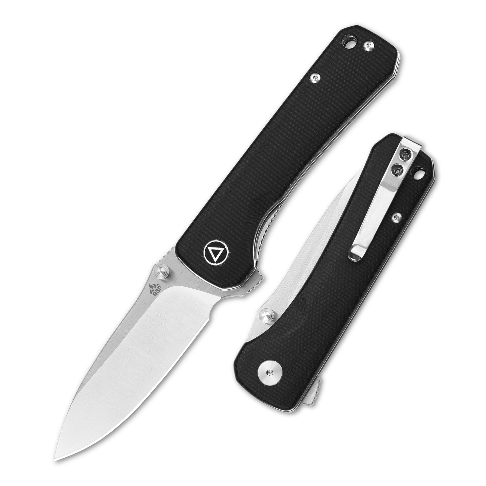 QSP Hawk Folding Pocket Knife, 3.22" Sandvik 14C28N Two Tone Satin Blade EDC Knife, Black Micarta Handle, Liner Lock, Ceramic Ball Bearings, SS Deep Carry Clip