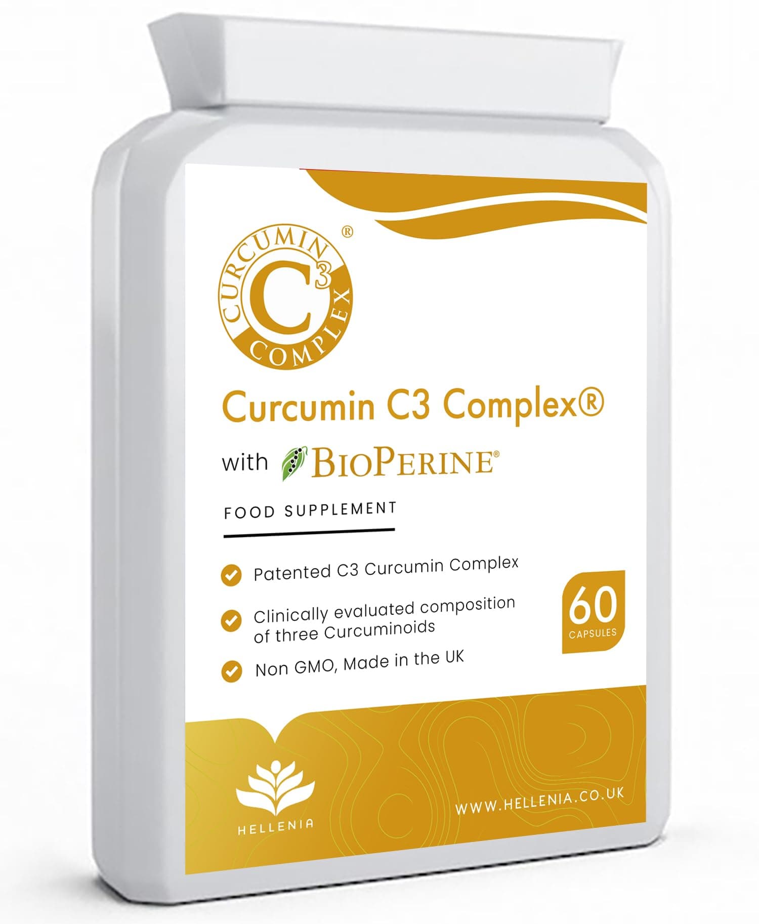 Turmeric - Curcumin C3 Complex® with BioPerine® - 60 Capsules | High Strength Curcumin Supplement | Turmeric Capsules - Suitable for Vegans - Made in The UK by Hellenia