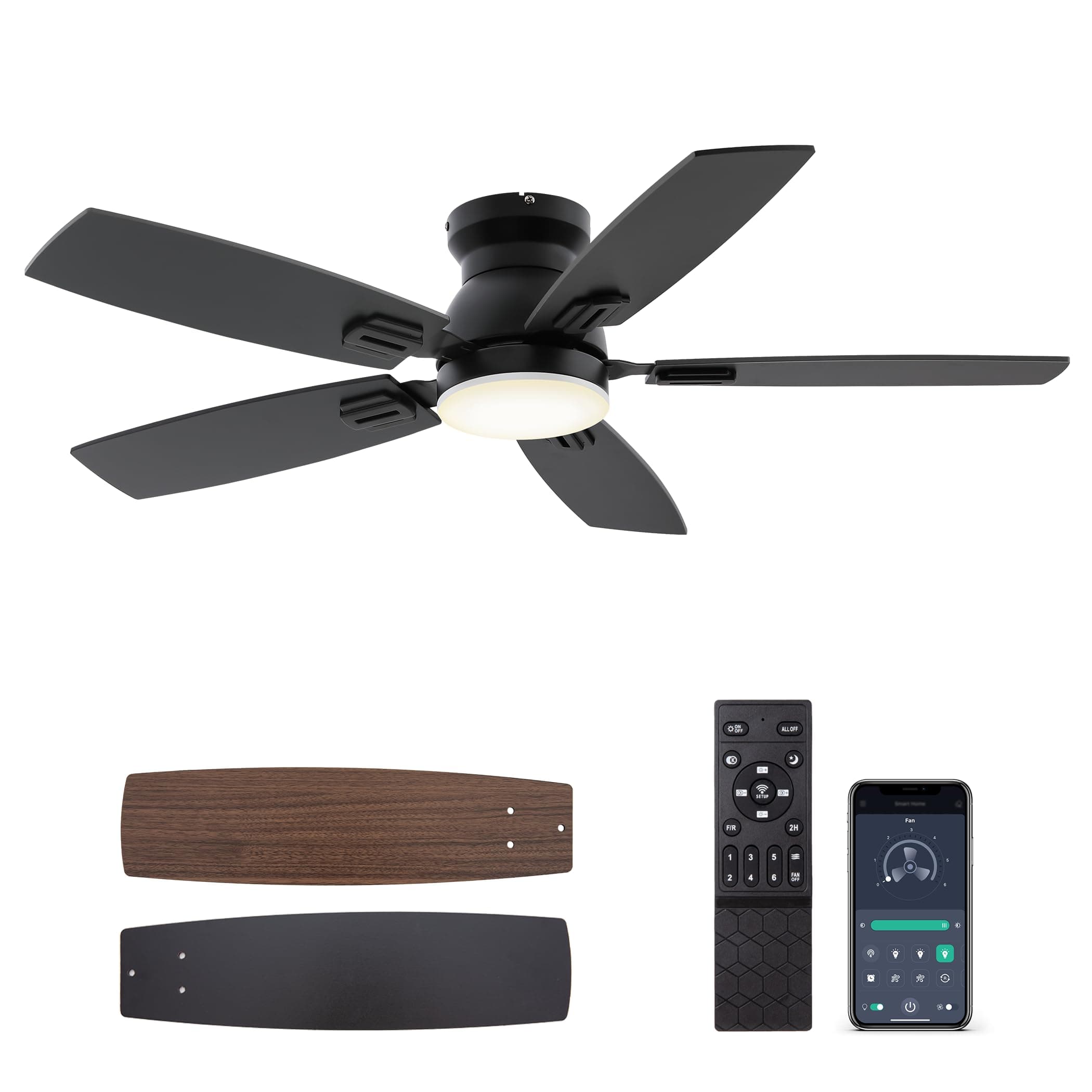 SUNMORY 42" Ceiling Fans with Lights and Remote/APP Control, Low Profile Ceiling Fan with Light, Reversible, Quiet 6 Speeds, Stepless Dimmable, Flush Mount Ceiling fan for Bedroom Indoor/Outdoor Use
