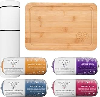 Fresh Dog Food Taster Pack by Pets Love Fresh - 100% Natural - Real British Meat - Zero Preservatives - Variety - Chicken, Pork, Beef & Duck (4 x 600g chub rolls, chopping board & container)