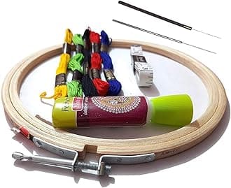 Dhruv Crafts Embroidery Beginners Kit Starter Kit for Beginners Embroidery Frame, Floss, Cutter, Glue & Measurement Tape & Needle (Wood) (5 Items) (Kit 1, 4Inches), Multicolor