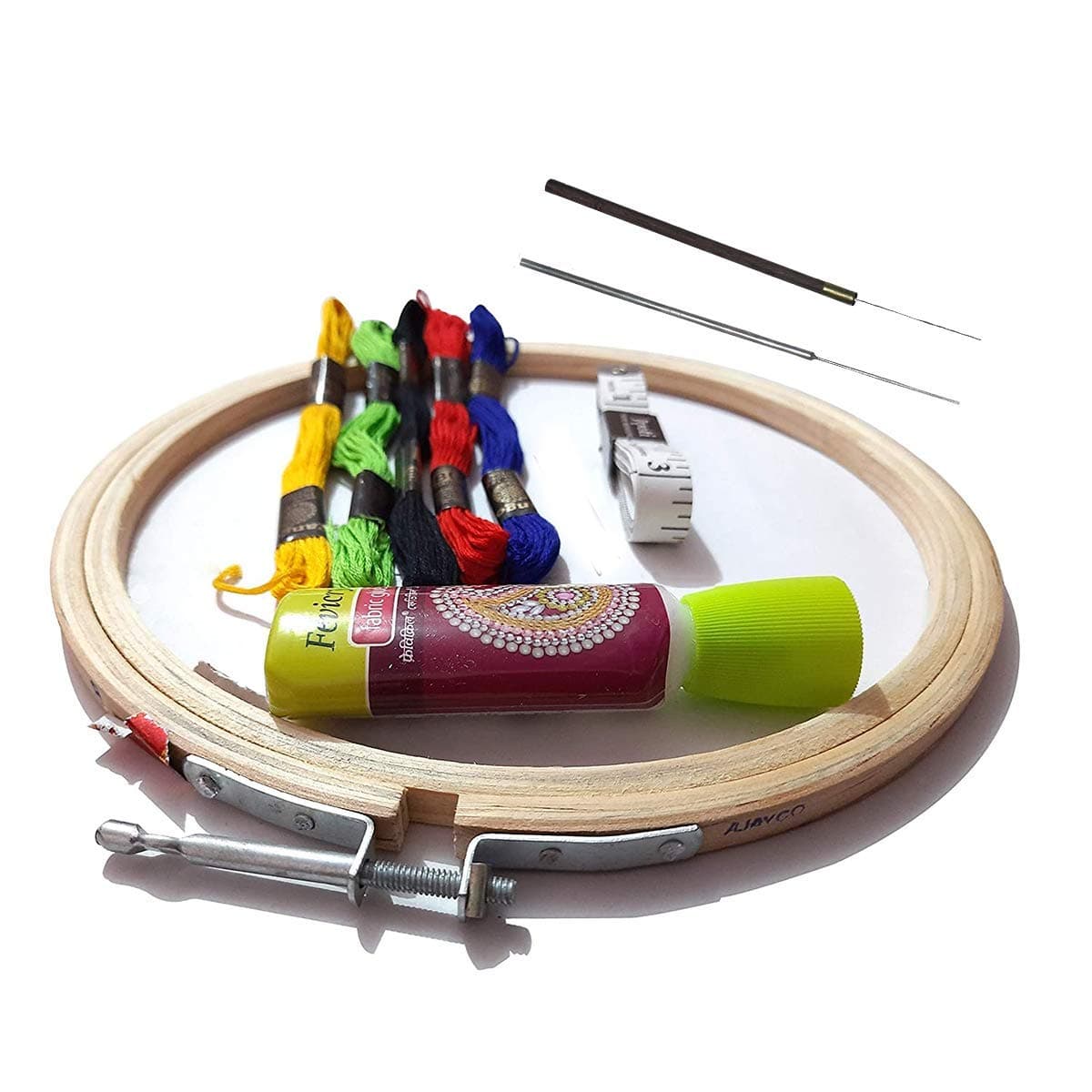 Dhruv Crafts Embroidery Beginners Kit Starter Kit for Beginners Embroidery Frame, Floss, Cutter, Glue & Measurement Tape & Needle (Wood) (5 Items) (Kit 1, 8 Inches)