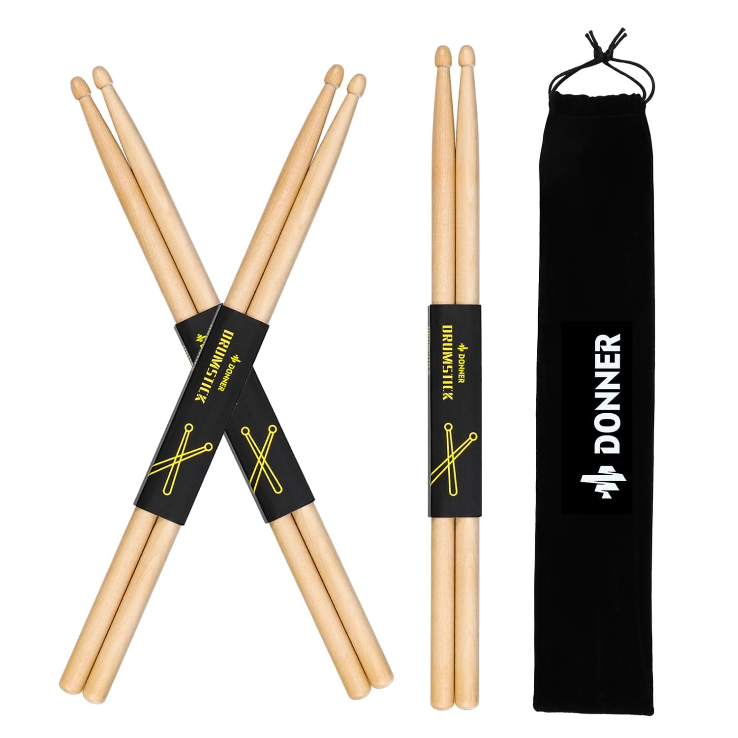 Donner Drum Sticks Set of 3 Pairs 5A Maple Wood Drum Pad Snare Drum Percussion Instrument Sticks for Beginners Practice with Bag Christmas Birthday Gift