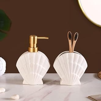 NestasiaCeramic Bathroom Accessories Set of 2 - Liquid Soap Pump Dispenser & Toothbrush Holder for Bathroom & Wash Basin - White Beach Shell Bath Set
