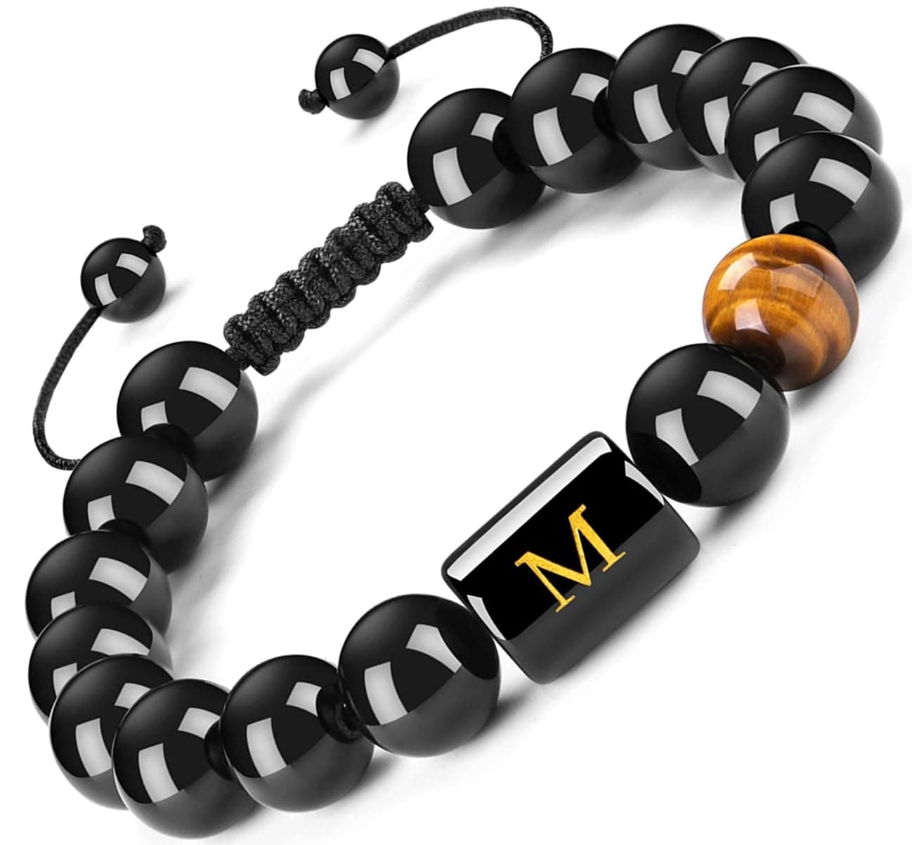 FRG Initials Bracelets for Men Letter Link Handmade Natural Black Onyx Tiger Eye Stone Beads Braided Rope Meaningful Bracelet