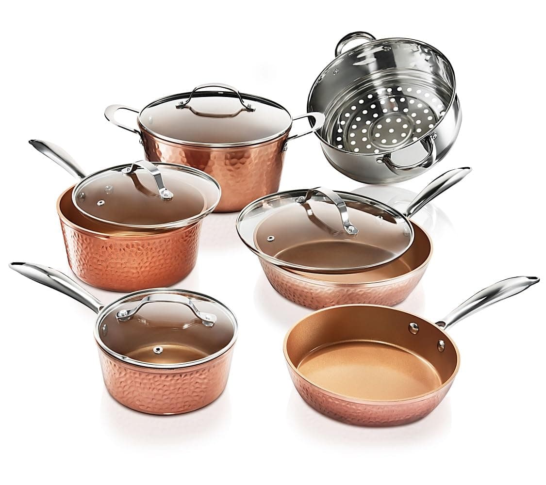 Gotham Steel Hammered 15 Pc Ceramic Cookware Set Nonstick, Deep Copper Pots and Pans Set Non Stick with Induction Cookware, Cooking Utensils & Steamer, Non Toxic PFOA PFOS Free, Oven & Dishwasher Safe