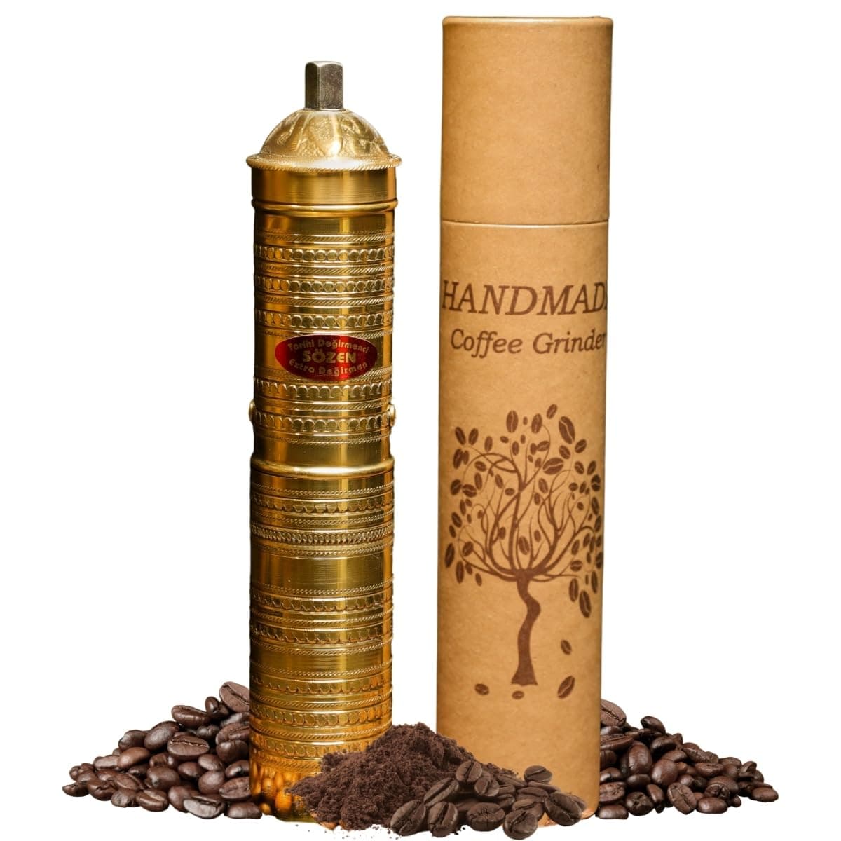 9" Handmade Hand Crafted Hammered Manual Brass Coffee Mill Grinder, Portable Steel Conical Burr Coffee Mill, Portable Hand Crank Coffee Grinder, Turkish Coffee Grinder