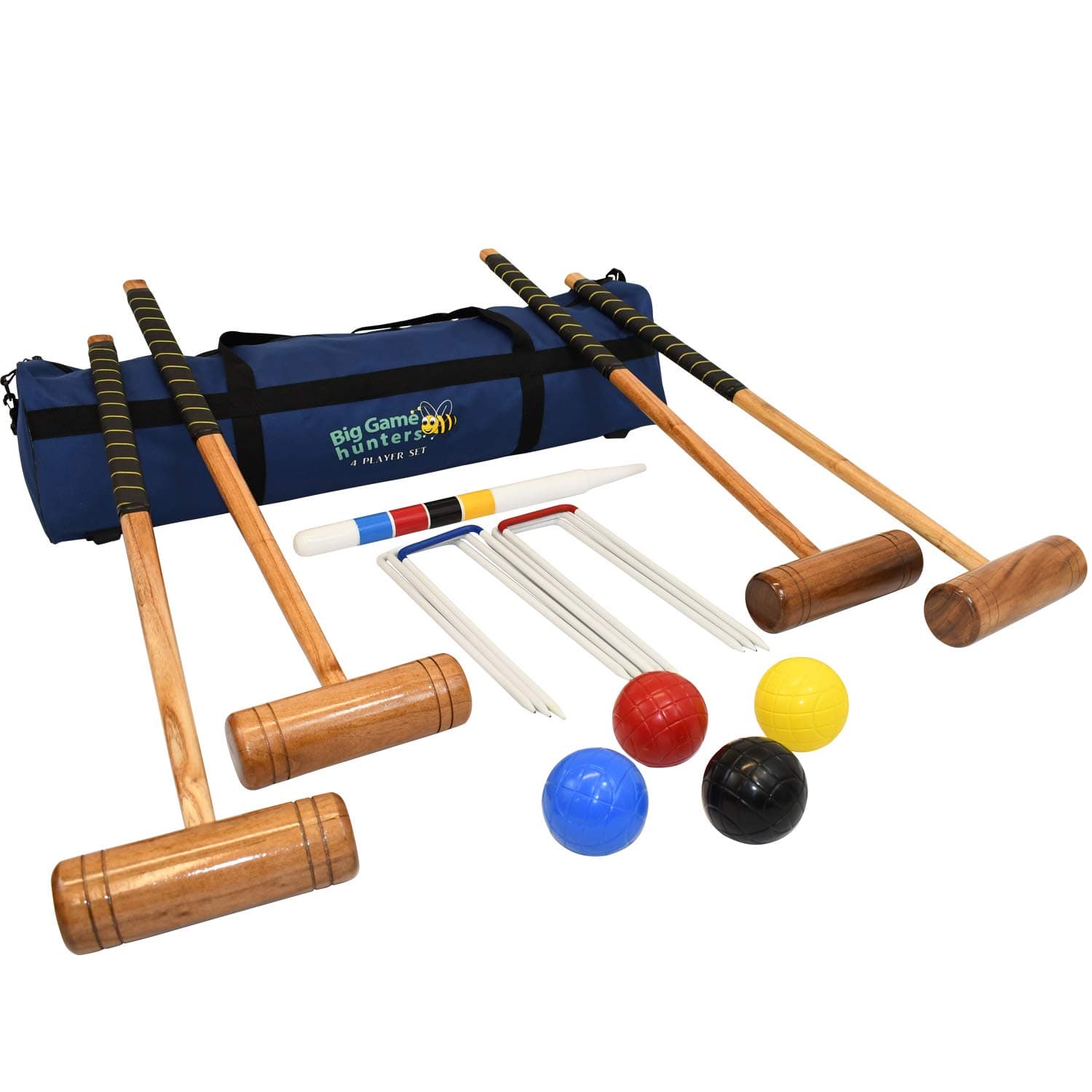 Big Game Hunters Croquet Set - Full Size 4 Player Set of Croquet Mallets with Hardwood Mallets, Winning Post, Thick Steel Hoops & 12 Ounce Balls and Storage Bag