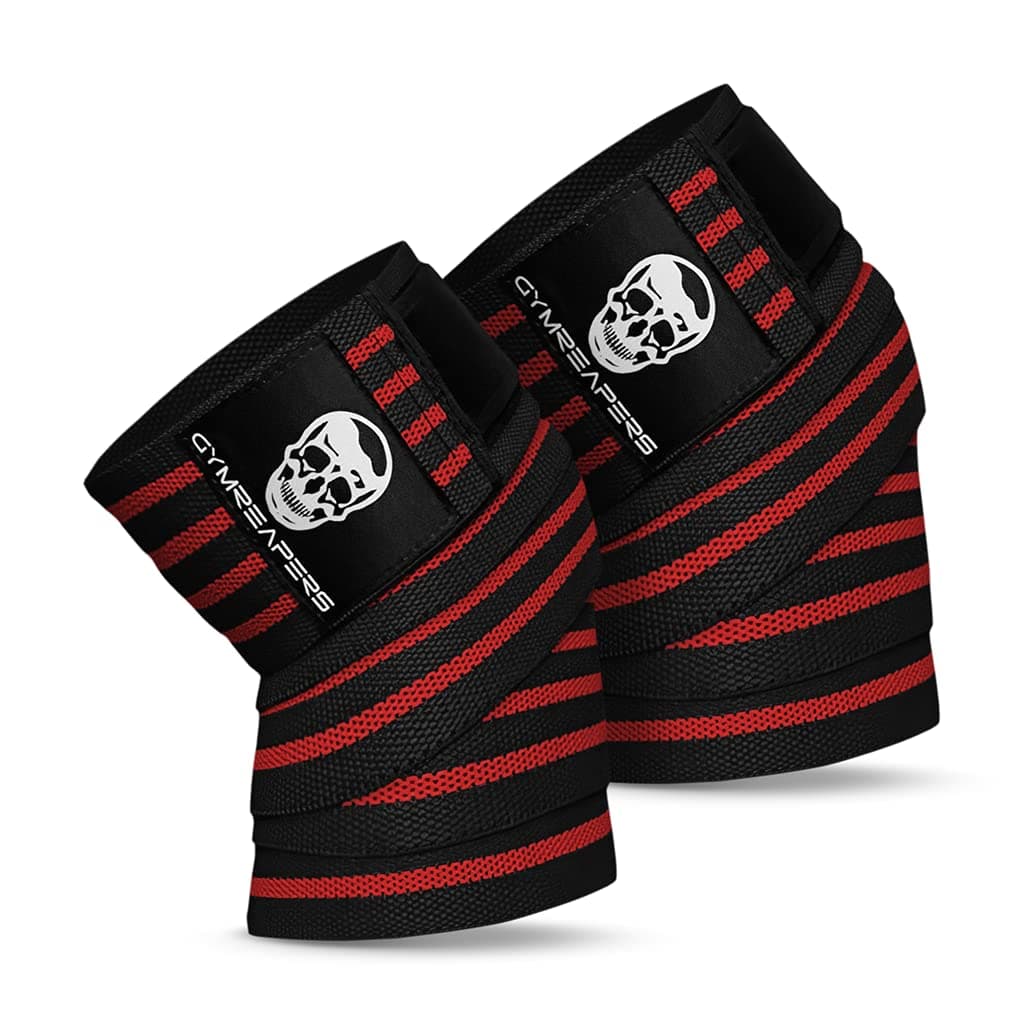 Gymreapers (Red) - Knee Wraps (Pair) With Strap for Squats, Weightlifting, Powerlifting, Leg Press, and Cross Training - Flexible 180cm Knee Wraps for Squatting - For Men & Women
