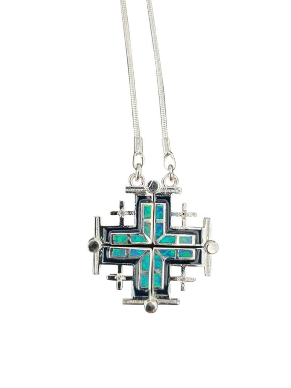 Jerusalem Cross Open Pendant Necklace Silver Plated Opal