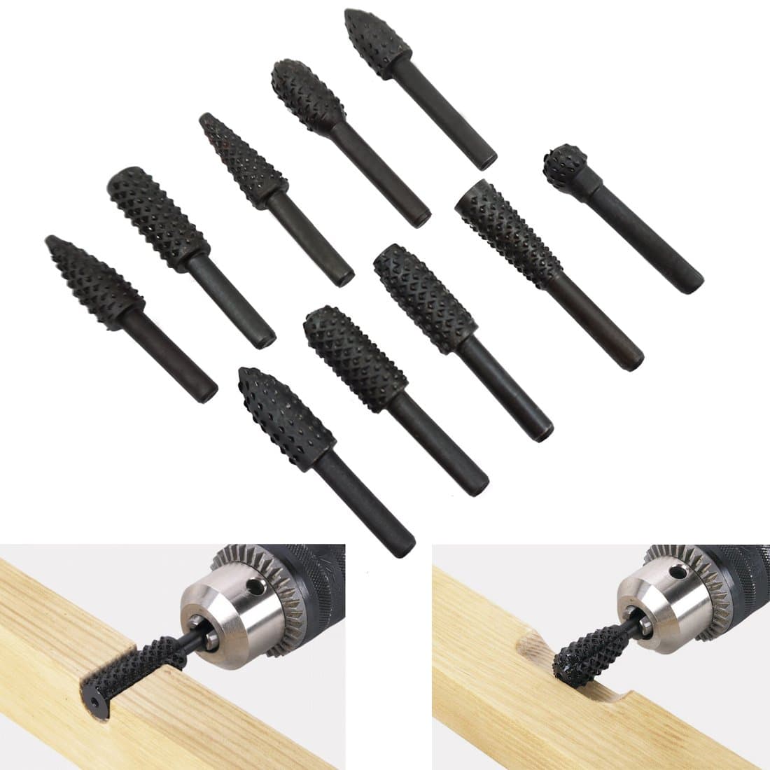 10 PCS Rotary Tool Drill Bit Burrs Files HSS Shank Rotary Rasp Set for DIY Woodworking Grinding Polishing Shaping Carving Engraving Kit