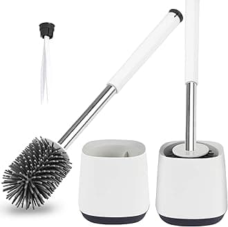 Hulameda [304 Stainless Steel] Toilet Brush and Holder Set 2 Pack, Silicone Toilet Brushes with Long Shank Stainless Steel Handle,Tweezers included. 4.8 x 5.2inch, Gray & White (Flooring)