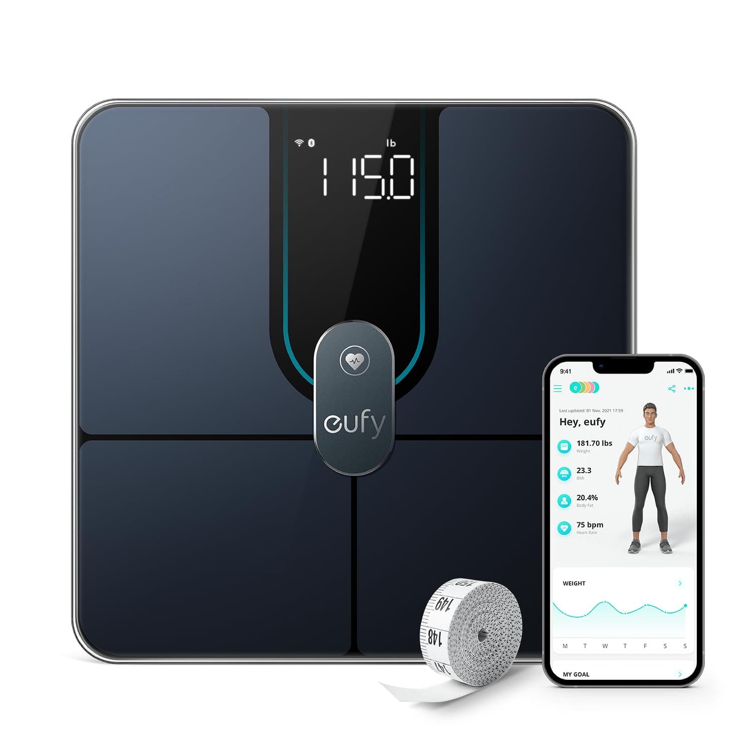 Smart Scale P2 Pro, Weight Scale with Wi-Fi, Bluetooth Weighing Scale, 16 Measurements Including Weight, Heart Rate, Body Fat, BMI, Muscle & Bone Mass, 3D Virtual Body Mode, 50 g/0.1 lb