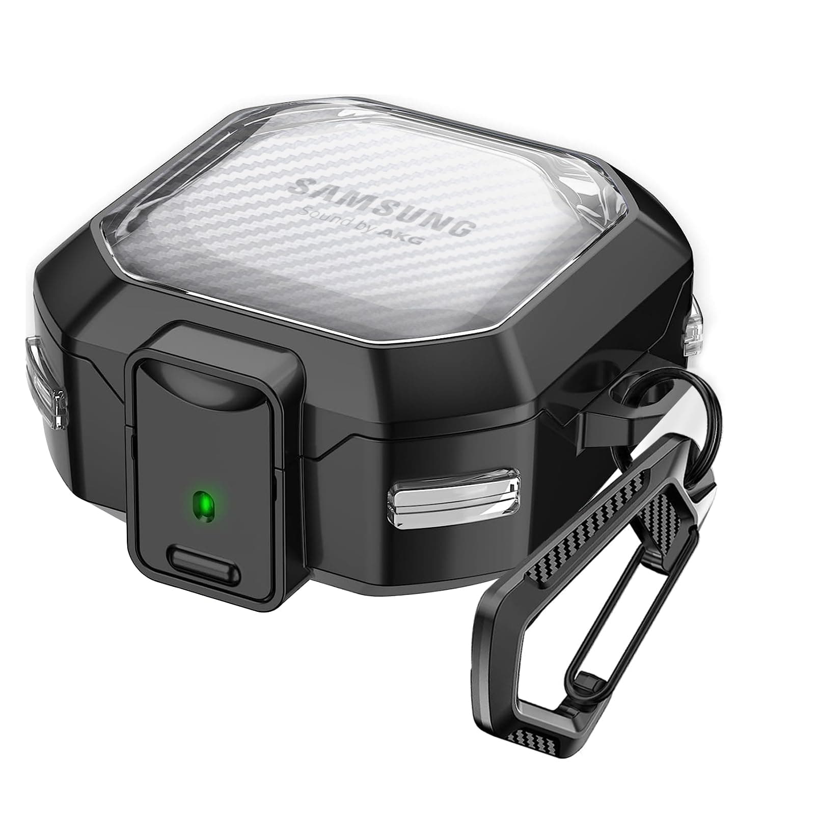 (with Secure Lock) Clear Carbon Fiber Case Cover for Samsung Galaxy Buds FE (2023) /Galaxy 2 Pro(2022)/Galaxy Pro(2021)/Galaxy 2(2021)/Galaxy Live(2020) with Keychain - Black