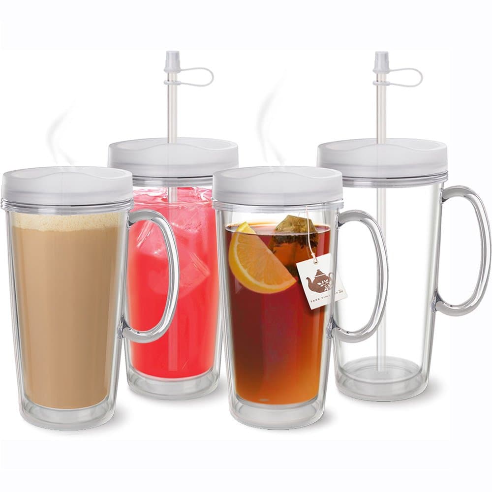 USA Made Clear Thermal Mug with Handle, Lid & Straw - Set of 4 - Double Wall Insulated- USA Made Acrylic - 16 oz.