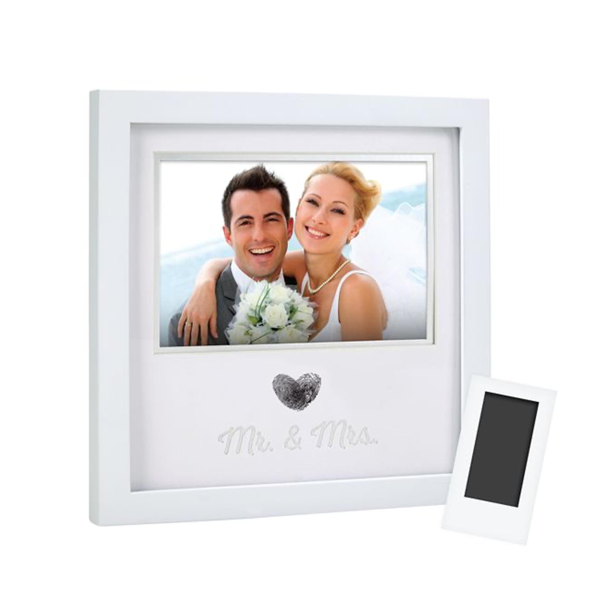 Pearhead Heart Thumbprint Keepsake Photo Frame And Ink Kit, Tabletop And Wall Mount Picture Frame, Wedding Registry, Wedding Reception Or Bridal Shower Gifts, 4x6 Photo, White