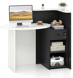 Tangkula Reception Desk, Front Counter Desk with Lockable Drawer & Adjustable Shelf, Oval Desktop, Retail Counter for Checkout, Computer Workstation for Salon Lobby Home Office