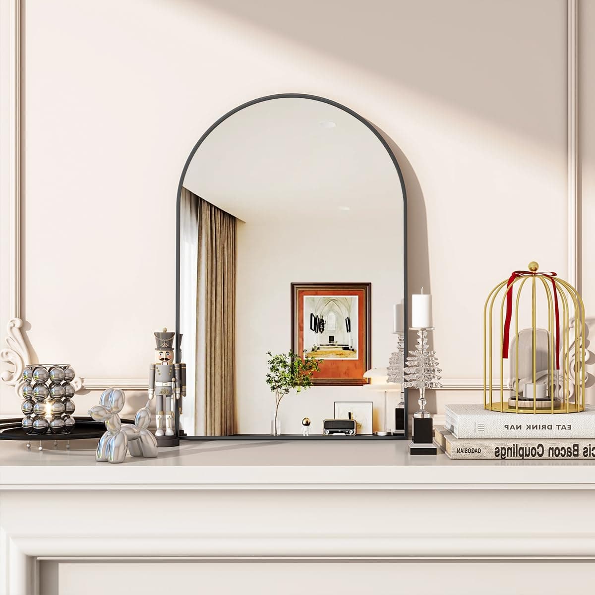 VooBang Arched Wall Mirror, 20 x 30 inch Arch Bathroom Mirror, Wall Mounted Vanity Mirror with Arch Metal Frame, Modern Bathroom Vanity Mirror for Bedroom, Living Room, Hanging or Leaning, Black