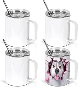 12 Oz Sublimation Coffee Mug Blanks With Handle, 4 Pack Stainless Steel Sublimation Coffee Tumbler, Individually Boxed, White