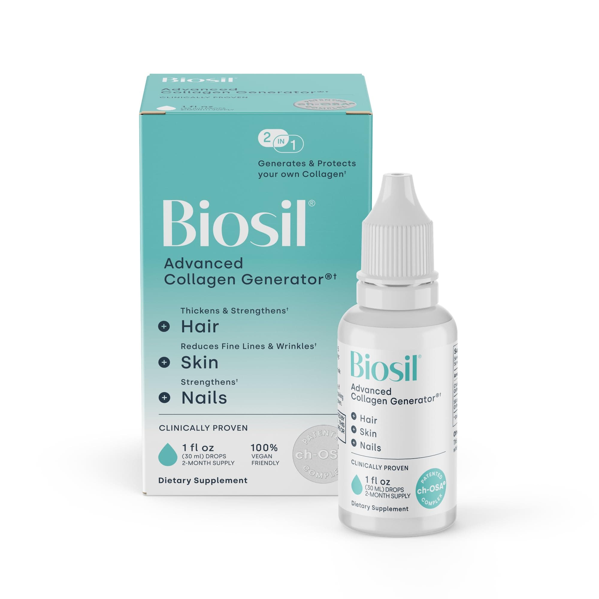 Biosil Collagen Booster Supplement - 1 fl oz Drops - Patented ch-OSA Activator for Skin, Hair, Nails & Joints - Supports Natural Production - 60-Day Supply