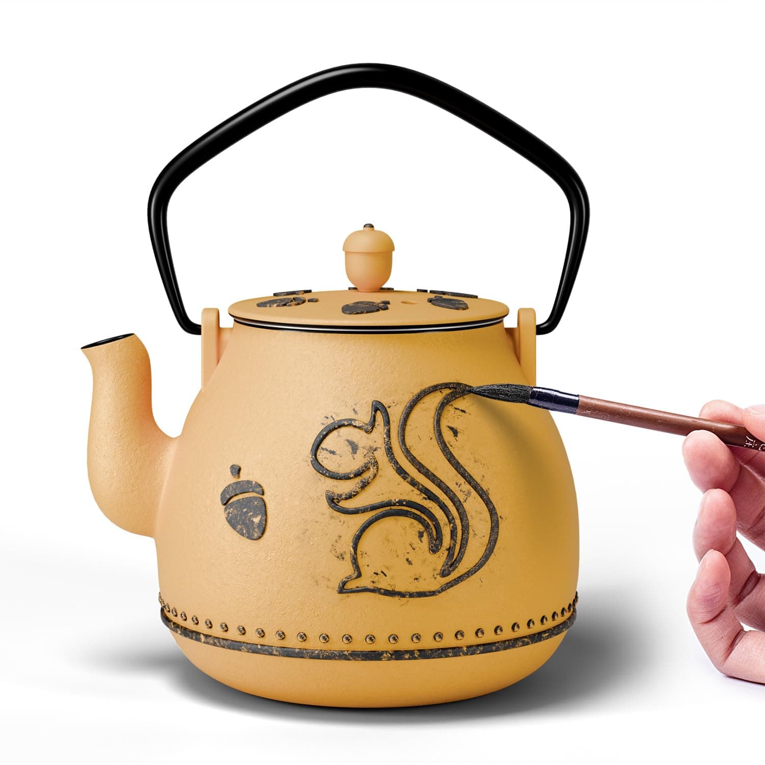 Toptier Teapot with Removable Infuser, Cast Iron Tea Kettle Stovetop Safe, Squirrel Design Tea Pot Coated with Enameled Interior for 32 Ounce (950 ml), Orange