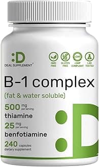 DEAL SUPPLEMENT Vitamin B1 500mg with Benfotiamine, 240 Capsules – 2 in 1 Enhanced Formula – Fat & Water Soluble Thiamine B1 Supplement – Third Party Tested, Non-GMO, No Gluten