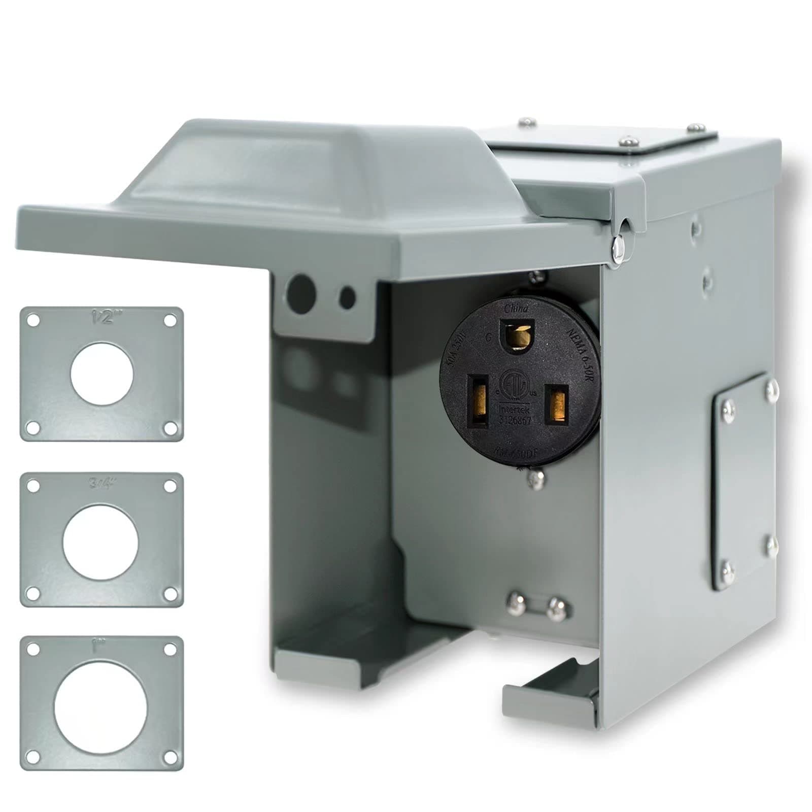 50 Amp 6-50R Outlet Box 250 Volt, Enclosed Lockable Weatherproof Outdoor Electrical NEMA 6-50R Receptacle Panel Heavy Duty Box Pre-Drilled, For Welder EV RV Electric Car Generator, ETL Listed