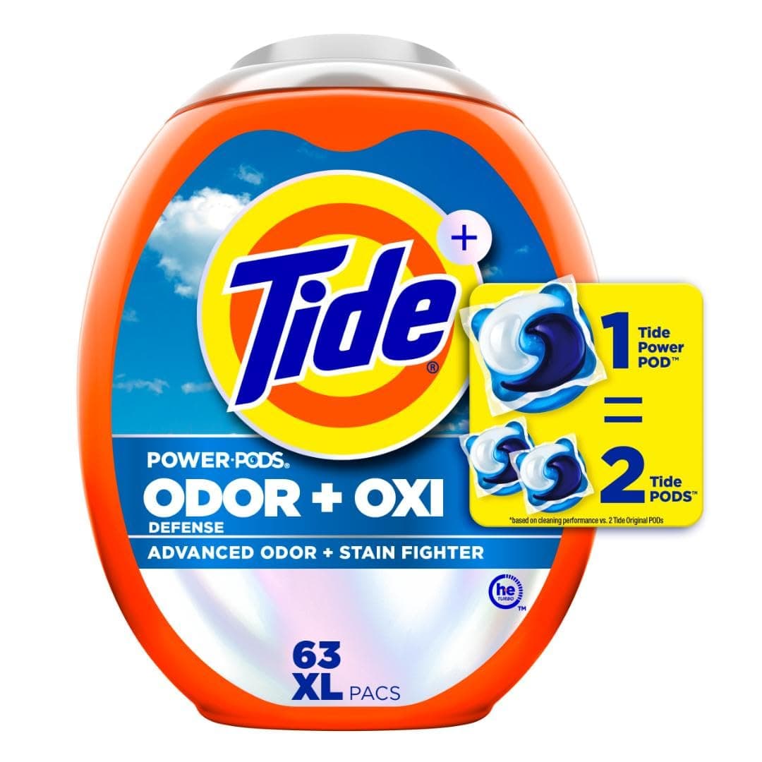 Tide Odor Defense + Oxi Laundry Detergent Pacs, Original Scent, 63 Count, Advanced Odor + Stain Fighter