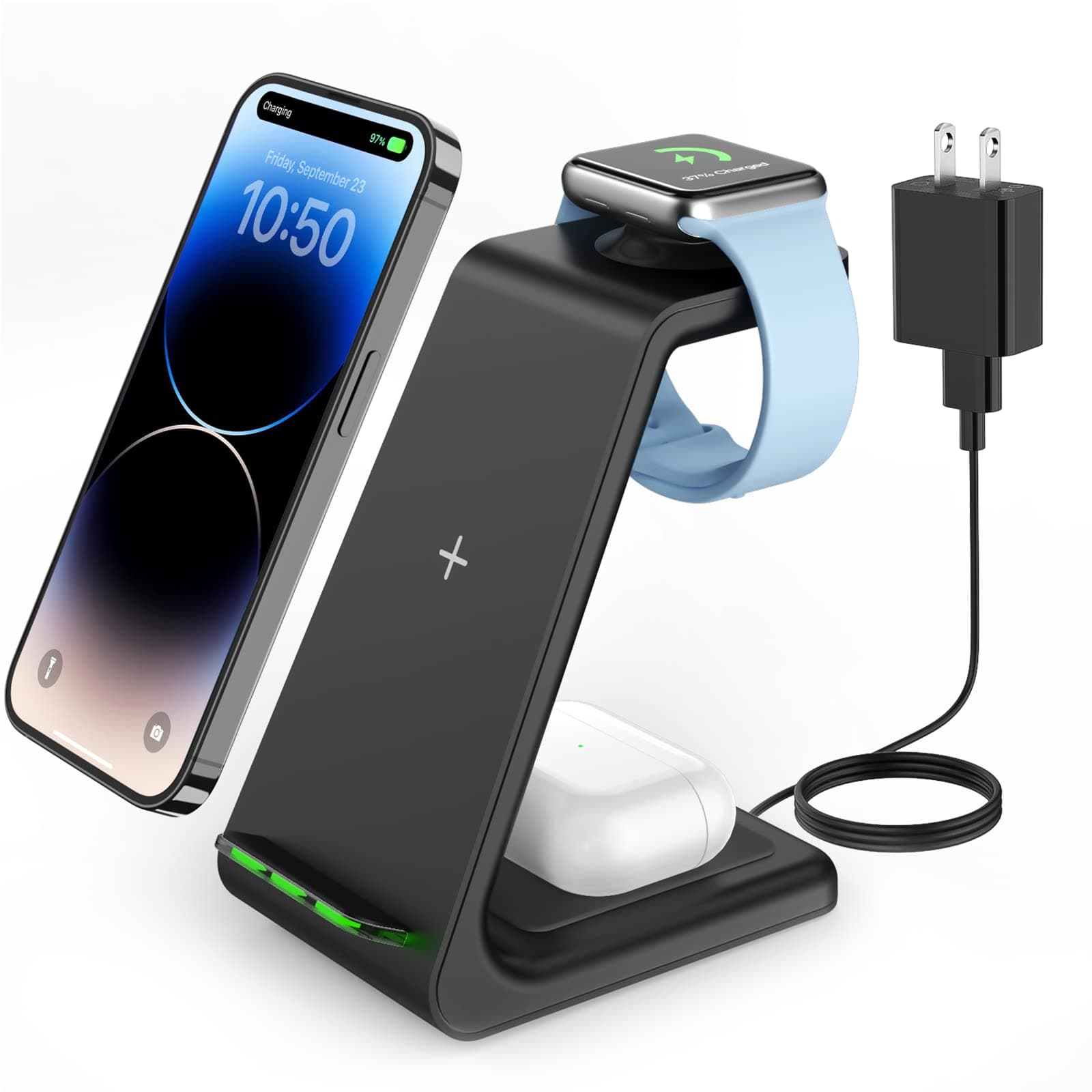 Wireless Charging Stand, GEEKERA 3 in 1 Wireless Charger Dock Station for iPhone 15 14 13 12 11 Pro Max Plus XR XS 8 Plus, Apple Watch Ultra/9/SE/8/7/6/5/4/3/2, AirPods Pro/3