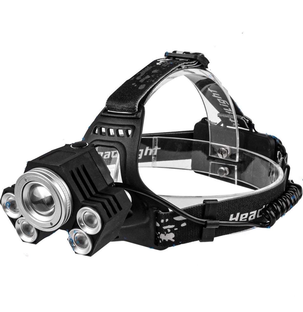 LED Head Torch Headlight. 5 Super Bright T6 Bulb Headlamp. Comfortable, Lightweight and Water resistant. Ideal for Running, Dog Walking, Fishing, Camping and Reading. Rechargeable Batteries Included