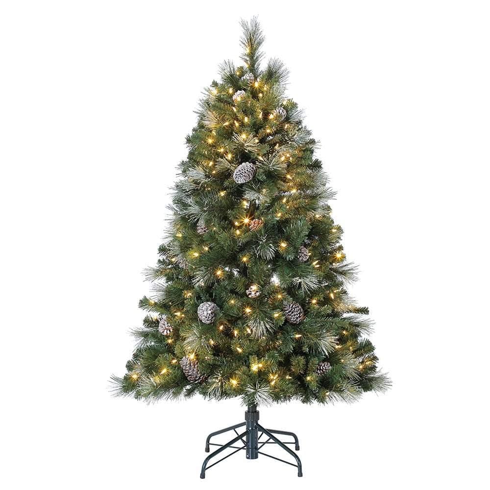 Home Heritage Lincoln 5 Ft Artificial Prelit Holiday Christmas Tree with 300 Color-Changing LED Lights, 683 PVC Tips, Glitter, Pinecones, and Stand