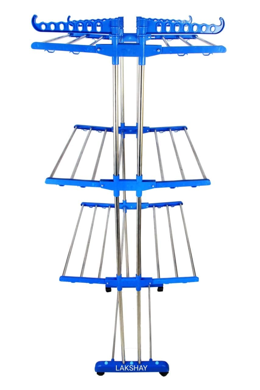 SUNDEX Made in India Life Time Use 3 Tier Extra Heavy Duty Stainless Steel Floor Cloth Dryer Stand Racks Hanger (Royel Blue)
