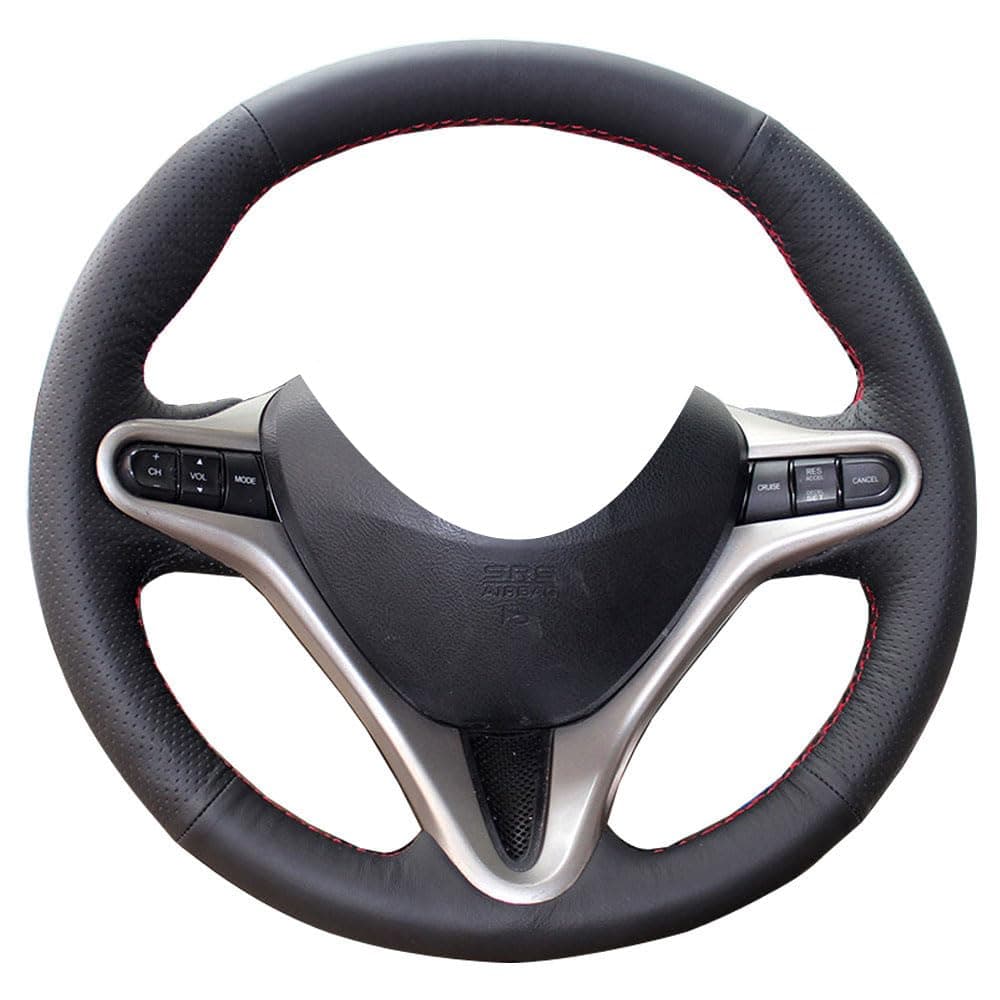 Eiseng Genuine Leather Steering Wheel Cover Stitch On Wrap for 3 Spoke 8th Honda Civic 2006 2007 2008 2009 2010 2011 DIY Sew Interior Accessories 13.5-14.5 inches (Black leather with Red thread)