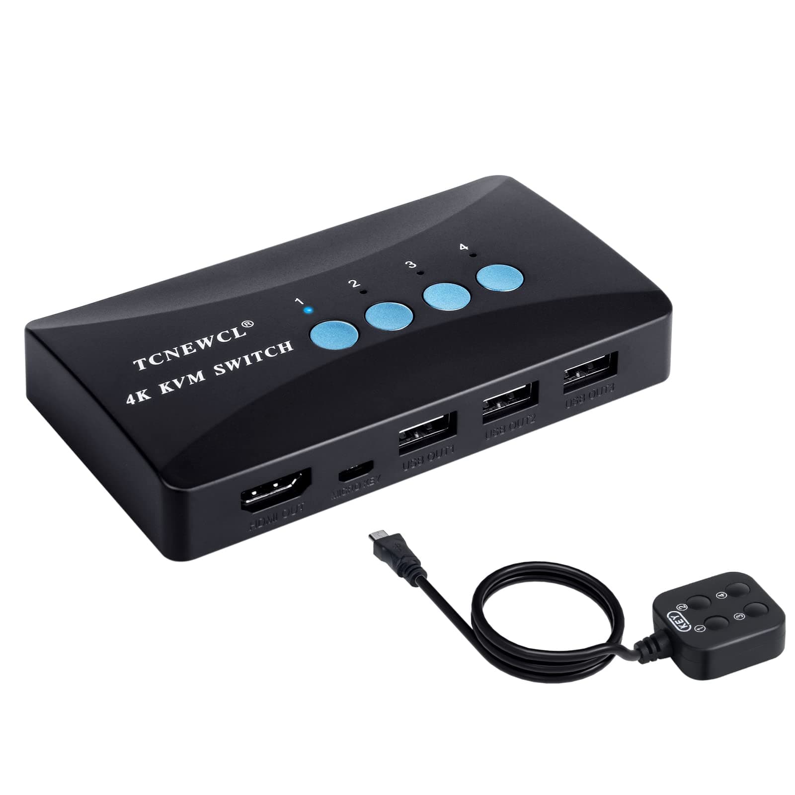 HDMI KVM Switch 4K, 4 Computer 1 Monitor Switcher with 4K@30Hz USB 2.0 Keyboard Mouse Printer, with Desktop Wired Controller and 4 KVM Cables
