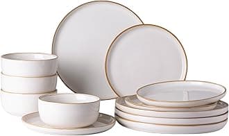 GBHOME Ceramic Dinnerware Sets for 4, 12 Pieces Stoneware Plates and Bowls Sets, Scratch Resistant Dishes, Dishwasher & Microwave Safe, Reactive Glaze-White