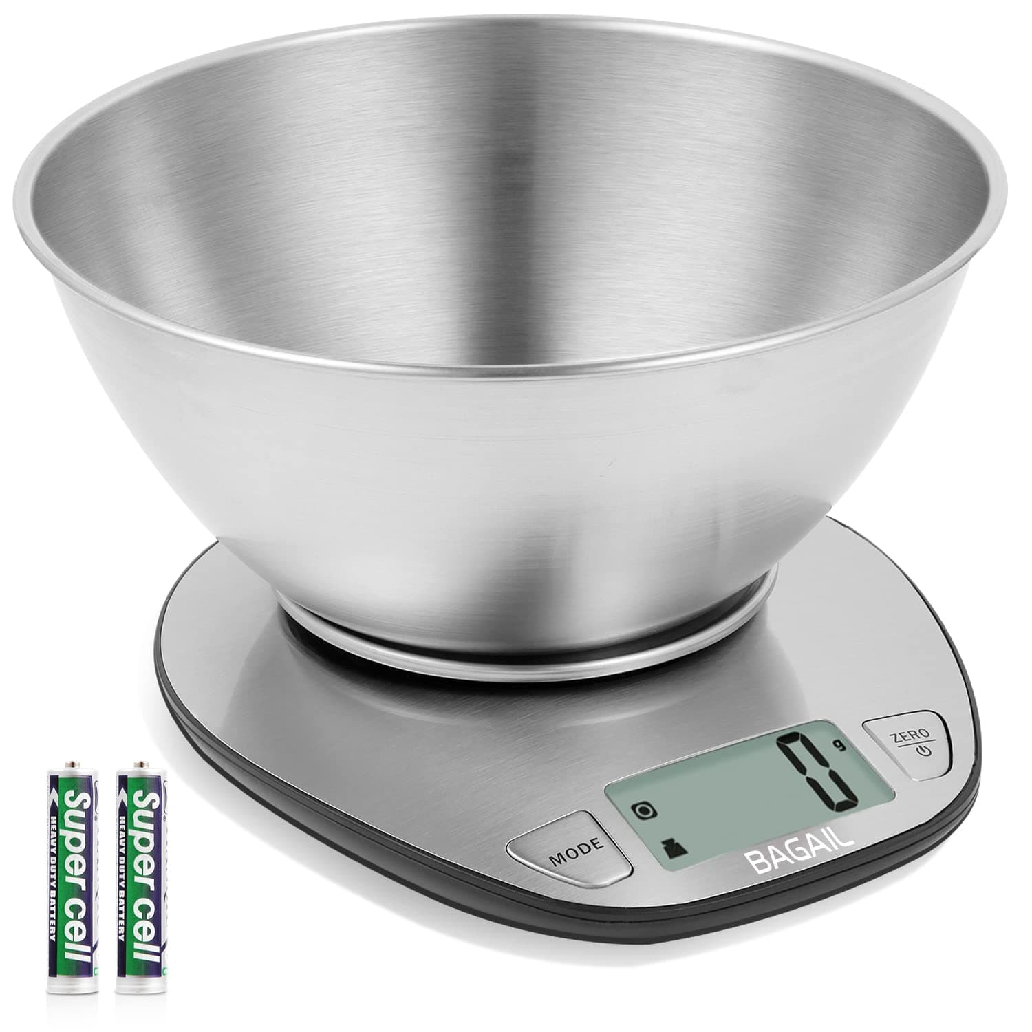 Digital Kitchen Scale, Large Clear Display, Wet and Dry Food Scale with Stainless Steel Mixing Bowl - 11 lb