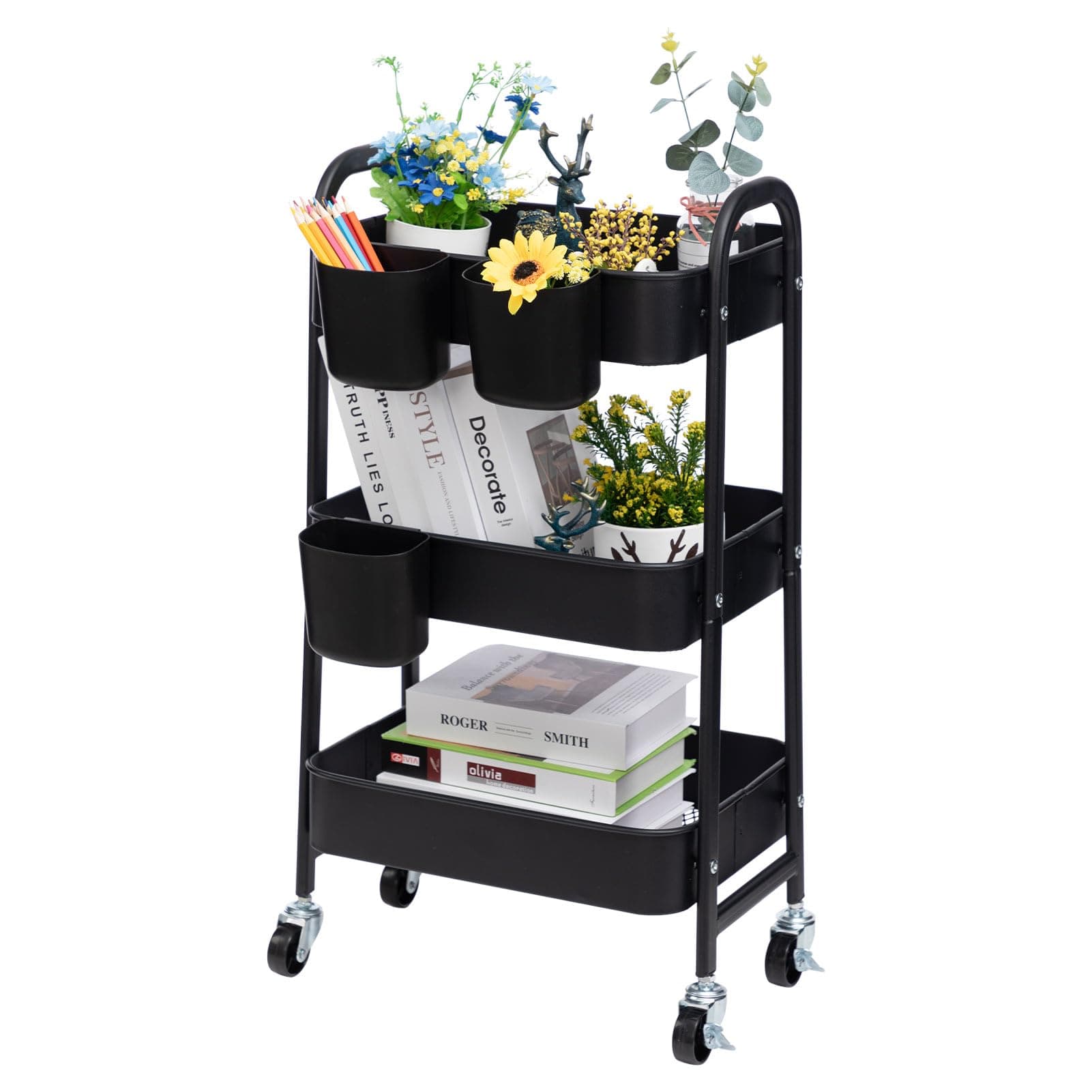 DOEWORKS Rolling Cart Metal Serving Trolley with Wheels 3 Tier Kitchen Trolley Craft Trolley Kitchen Storage Trolley for Living Room Bedroom Bathroom Office Black with 3 Cups