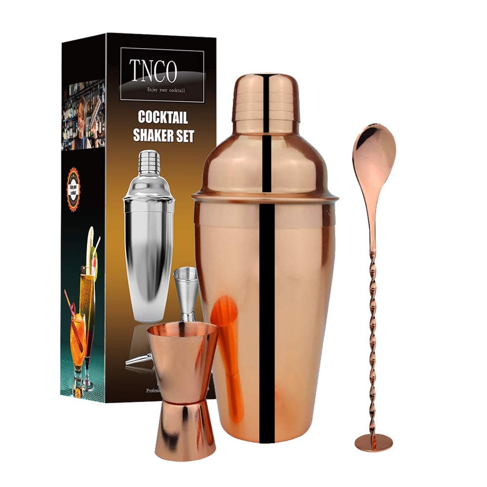 TNCO Rose Gold Cocktail Shaker Set, Bartender Tools includes: Drink Shaker with Cocktail Strainer, 0.5/1 OZ Jigger, Mixer Spoon (Rose Gold, 26OZ(750ml))